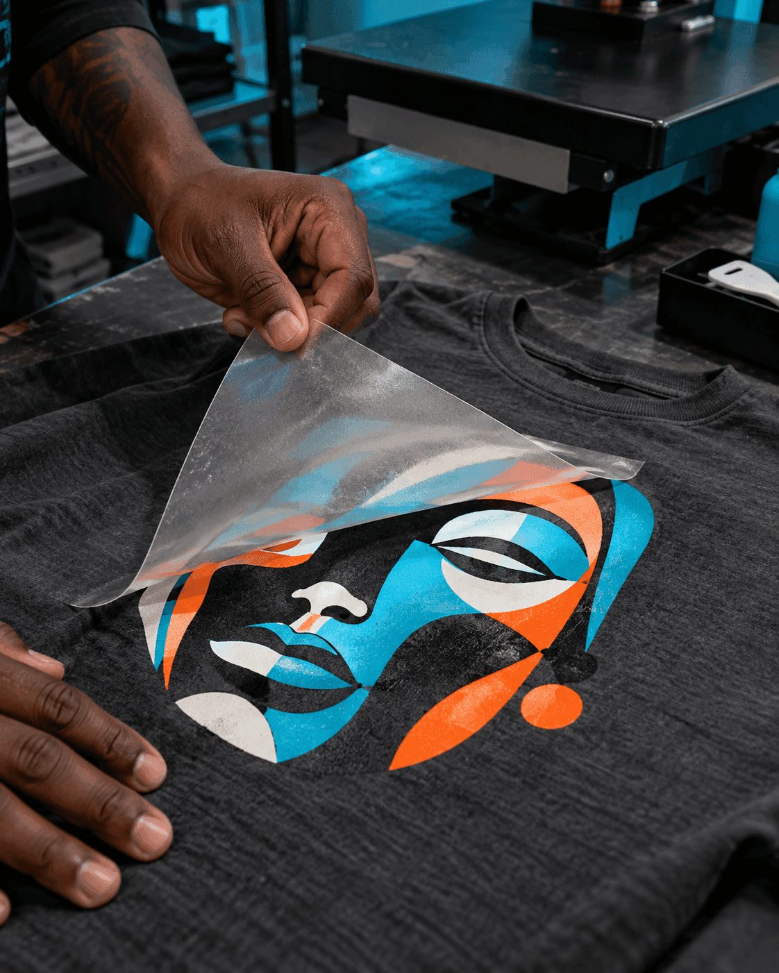 Peeling a DTF transfer off a pressed tee
